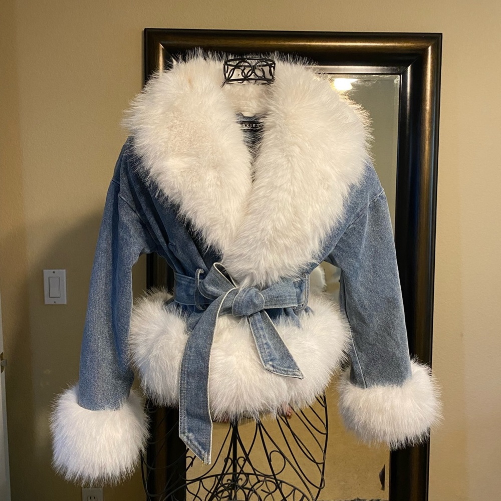 AKIRA Blue and White Jean Jacket with Faux Fur Trim